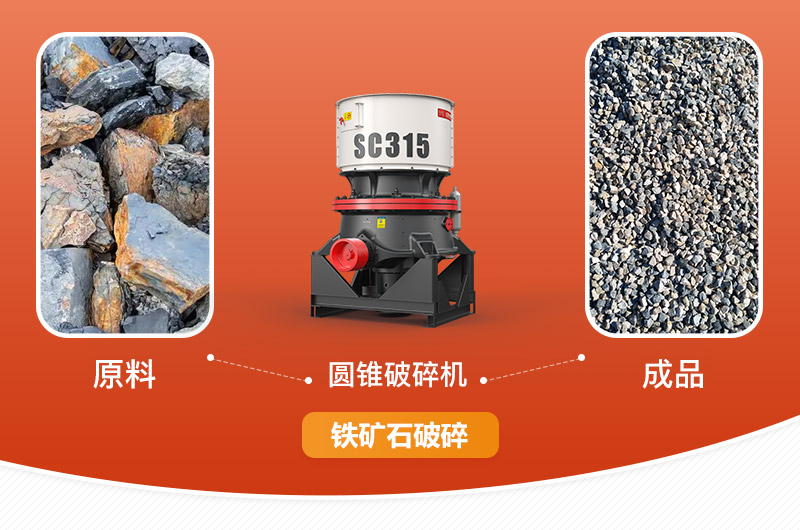 圆锥破碎机处理铁矿石前后对比图